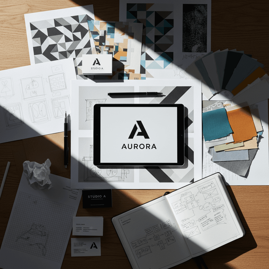 Branding and design materials including logos and business cards