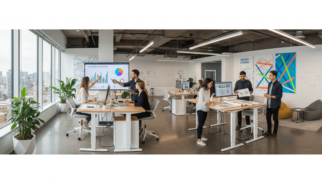 Marketing team collaborating in modern agency workspace