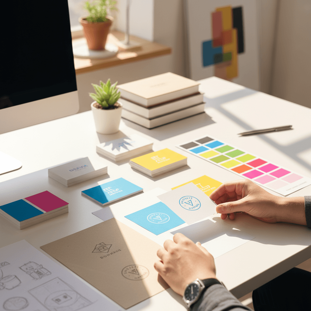 Marketing designer arranging brand identity materials