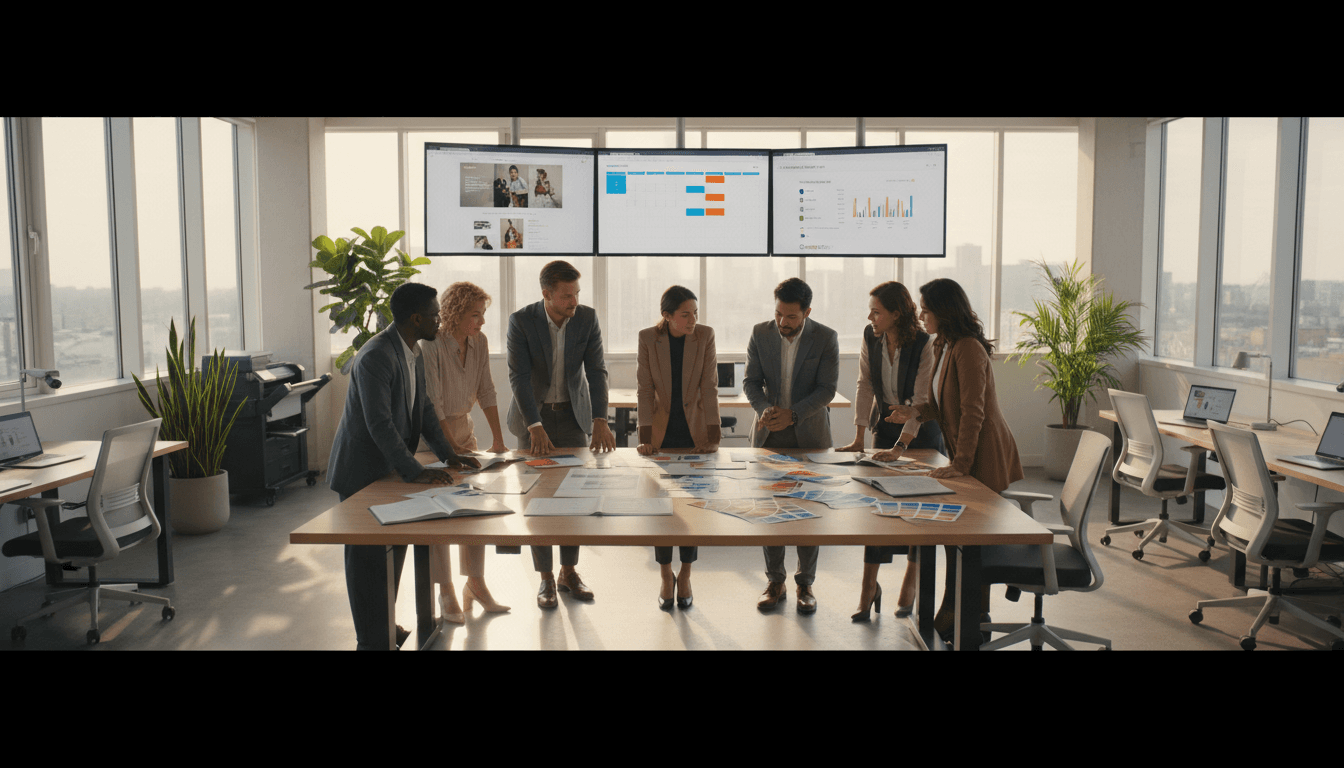 Marketing team collaborating on multiple projects in modern workspace