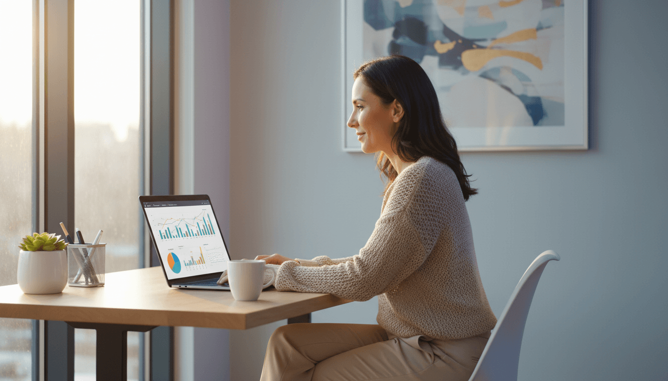 Business owner reviewing marketing performance on laptop